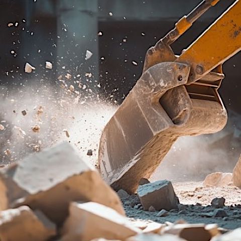 A large yellow excavator is digging into a pile of rubble